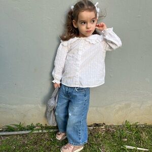 Zara Kids White Eyelet Ruffle Button-Down Shirt